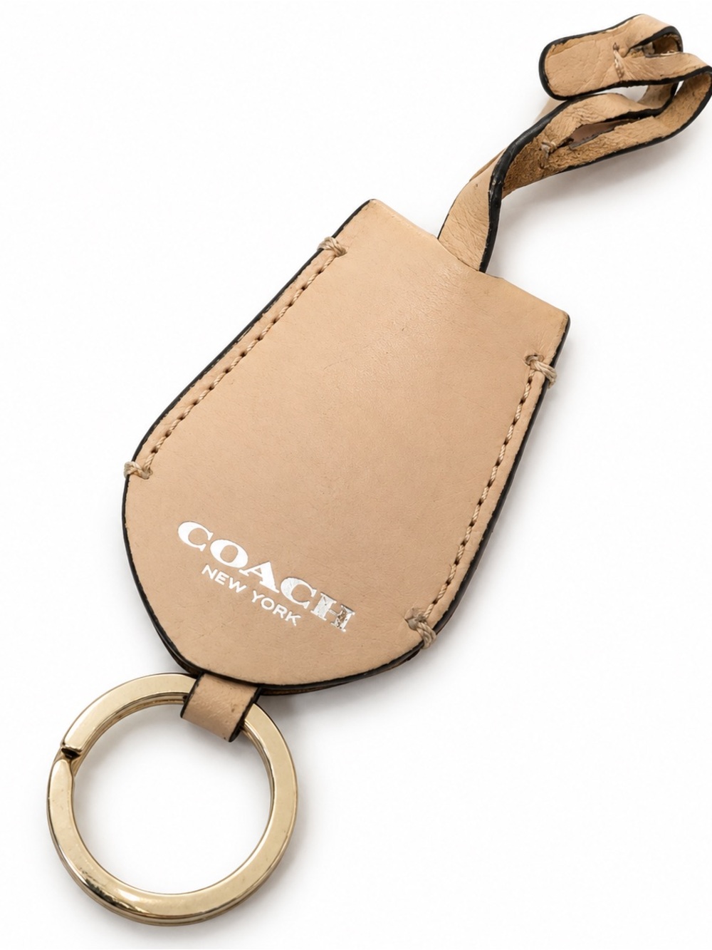 COACH Beige Leather Key Ring with Silver Tone Hardware